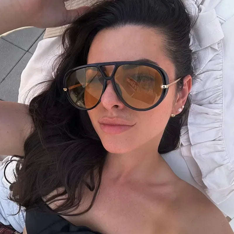 2025 New Fashion Big Frame Pilot Yellow Sunglasses Women Men Brand Vintage Punk Outdoor Beach Sun Glasses Female Oculos De Sol