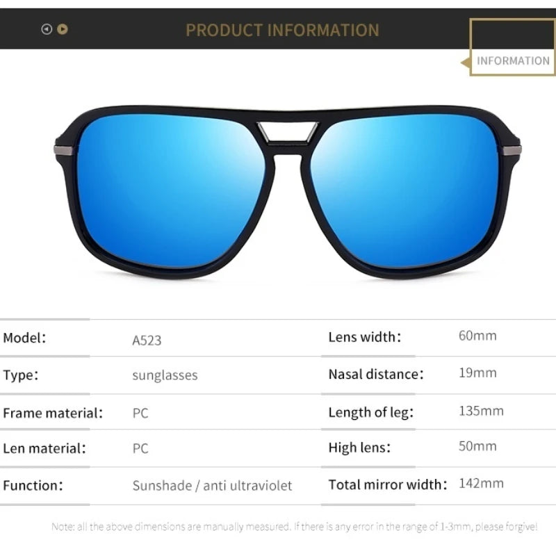 Polarized Sunglasses Men Fashion Double Bridge Square Frame Sun Glasses Brand Designer Unisex Driving Goggles Gafas De Sol UV400