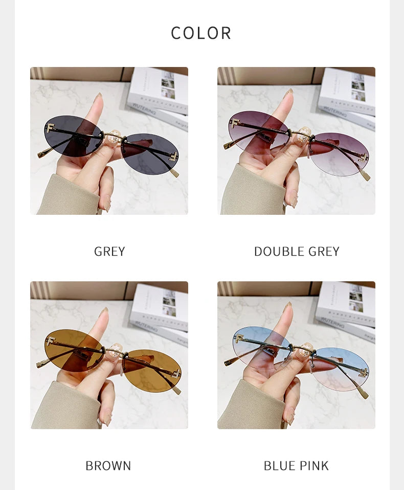 Protective Glasses Fashion Oval Rimless Design Sunglasses Female Small Size Metal Suneyeglass Outdoors Casual Vacation UV400